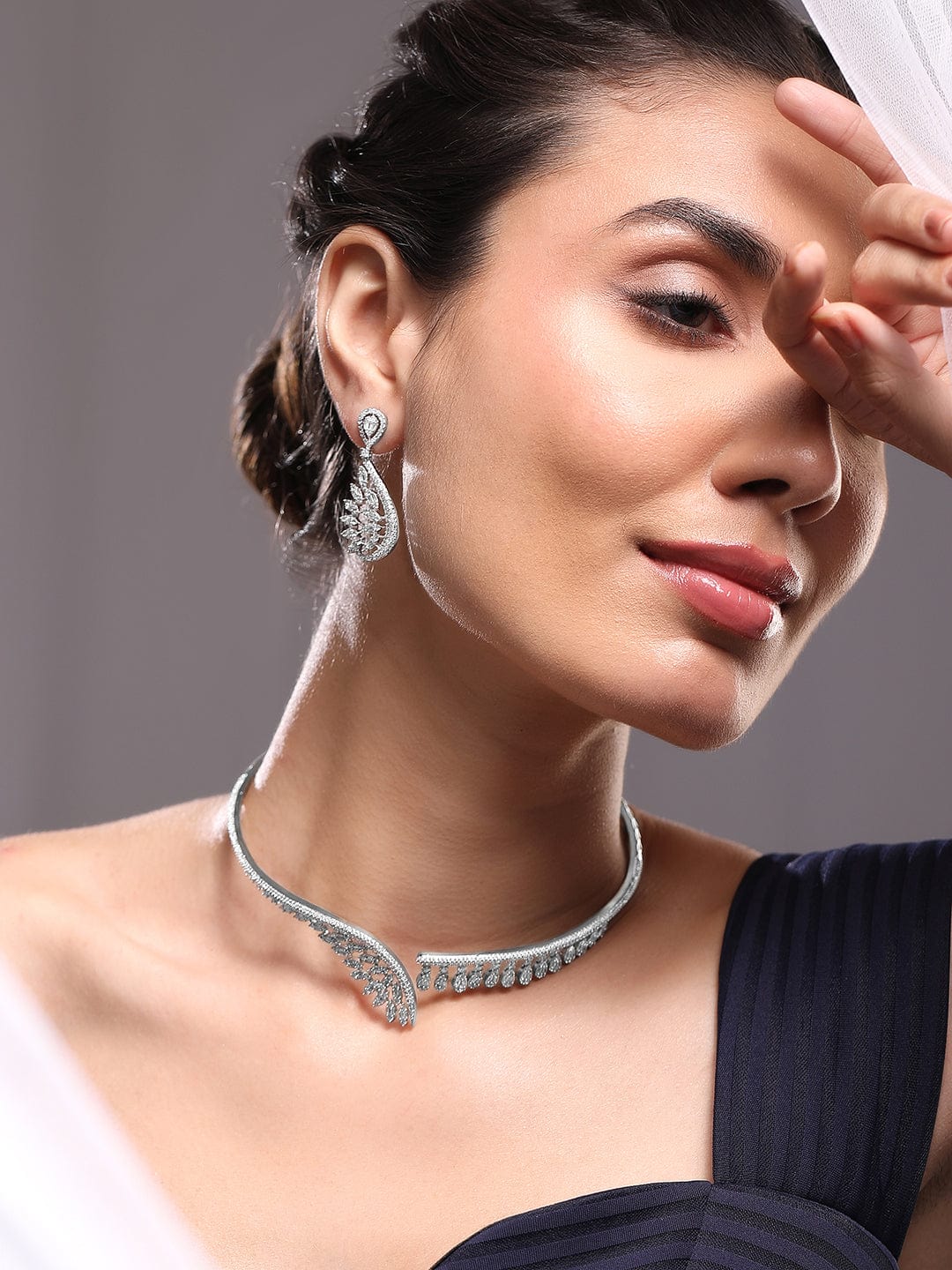 American Diamond Zirconia Leaf Cluster Choker Set