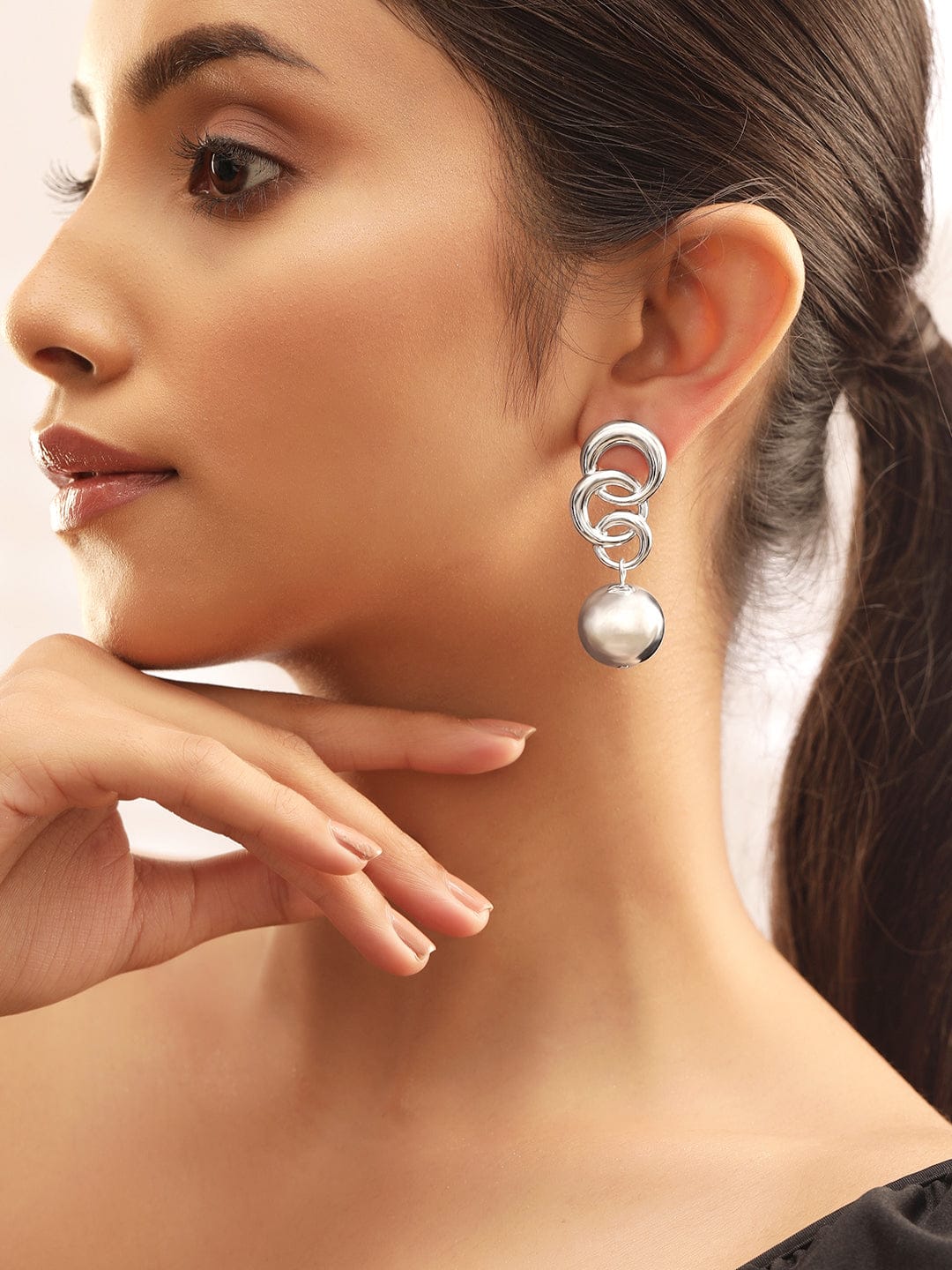 Silver-Toned Interlocked Rings Drop Earrings