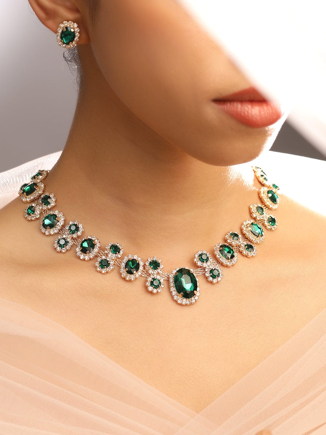 Gold Plated Emerald Green & White Crystal Necklace Set
