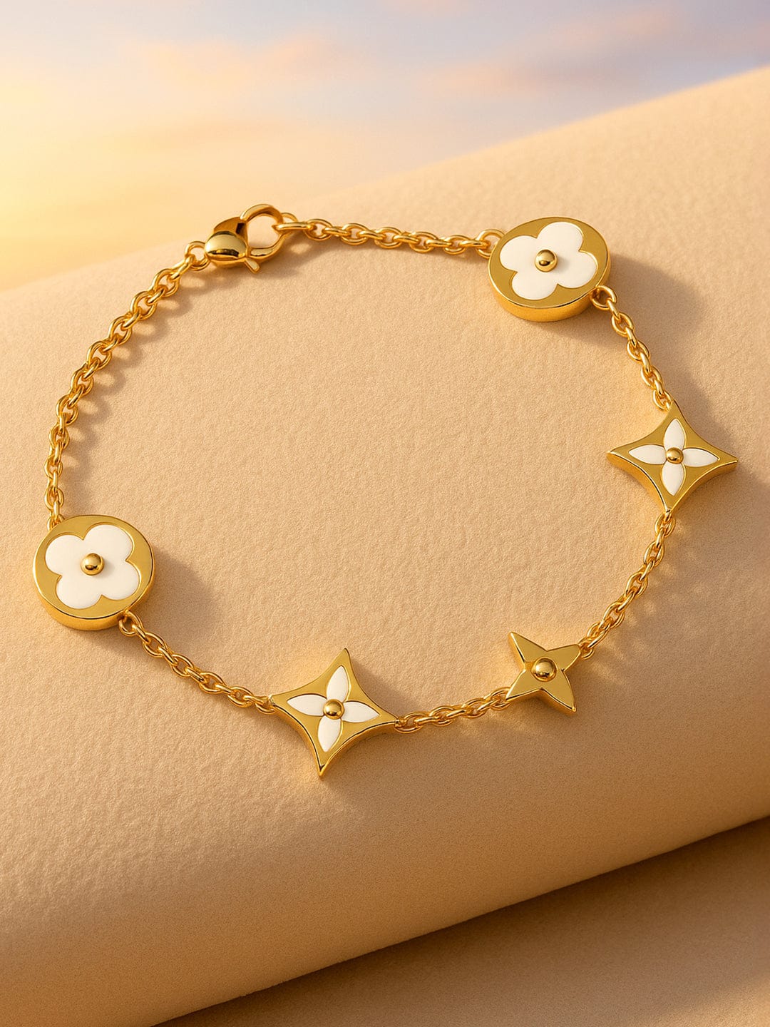 Rubans Voguish 18K Gold-Plated Stainless Steel Tarnish-Free Waterproof Floral Charm Bracelet