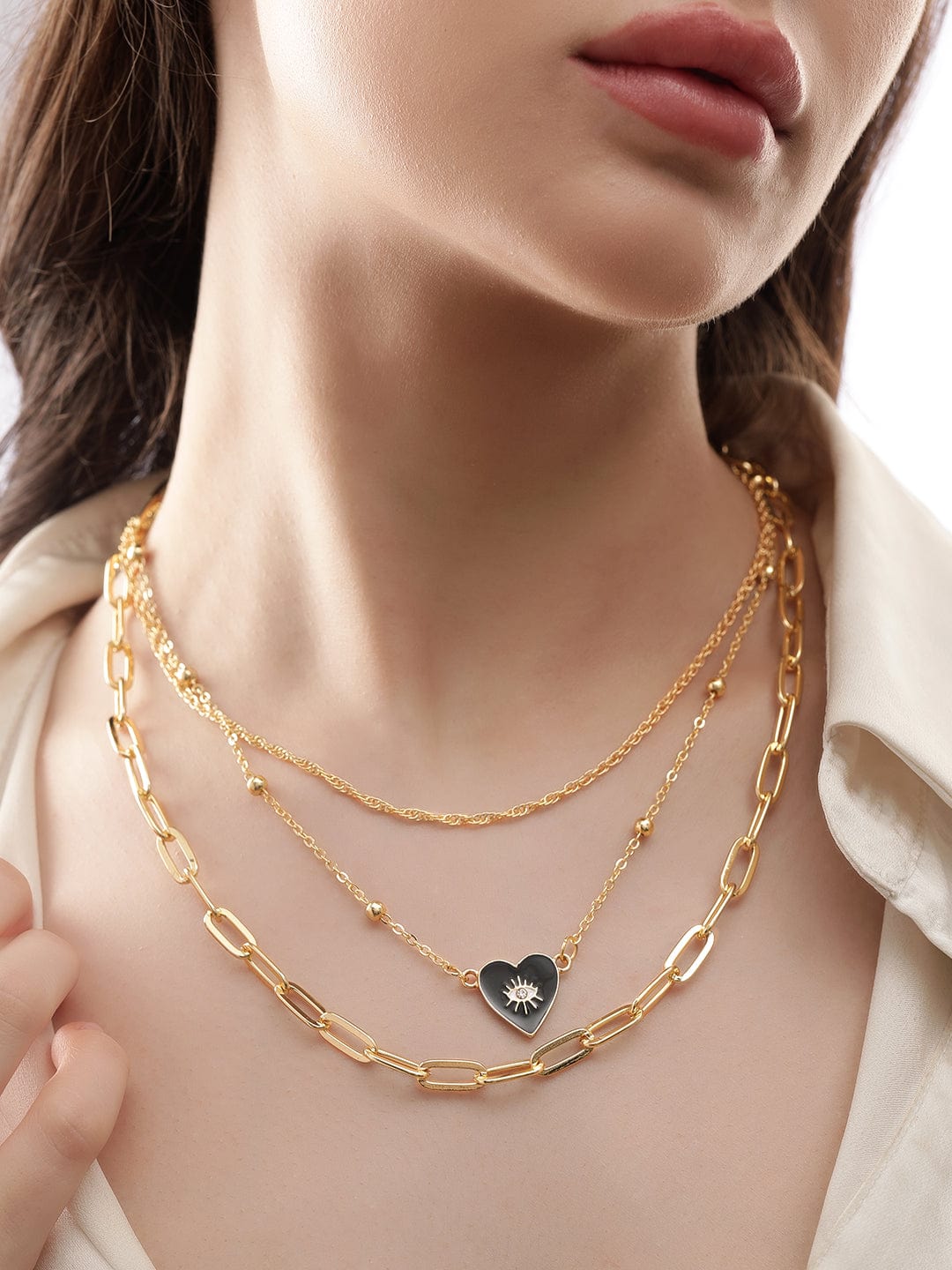 Evil Eye Black Heart Gold Toned Layered Necklace