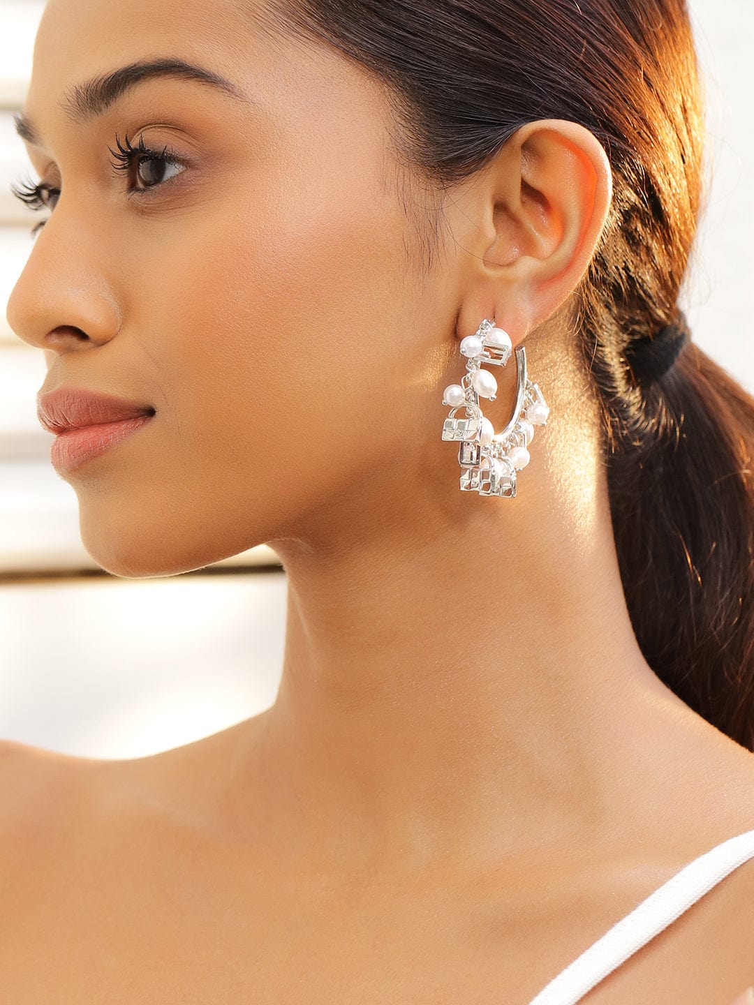 Silver Pearl Whispers Hoop Earrings