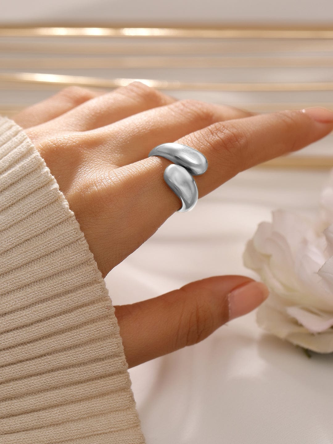 Rubans Voguish Rhodium-Plated Stainless Steel Tarnish-Free Waterproof Adjustable Ring