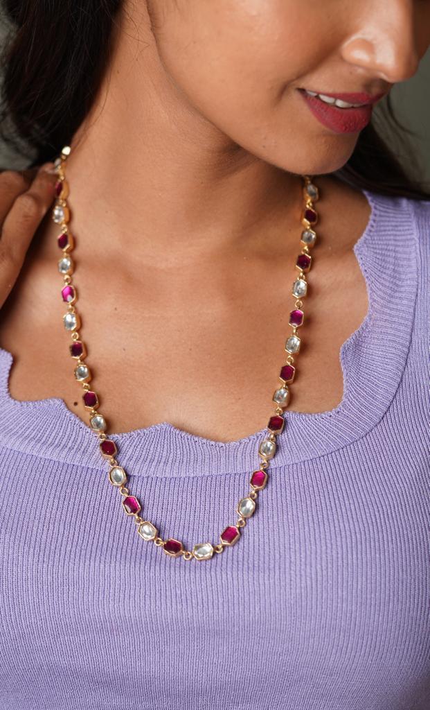 Ruby & Moissanite Single Line Polki Long Necklace