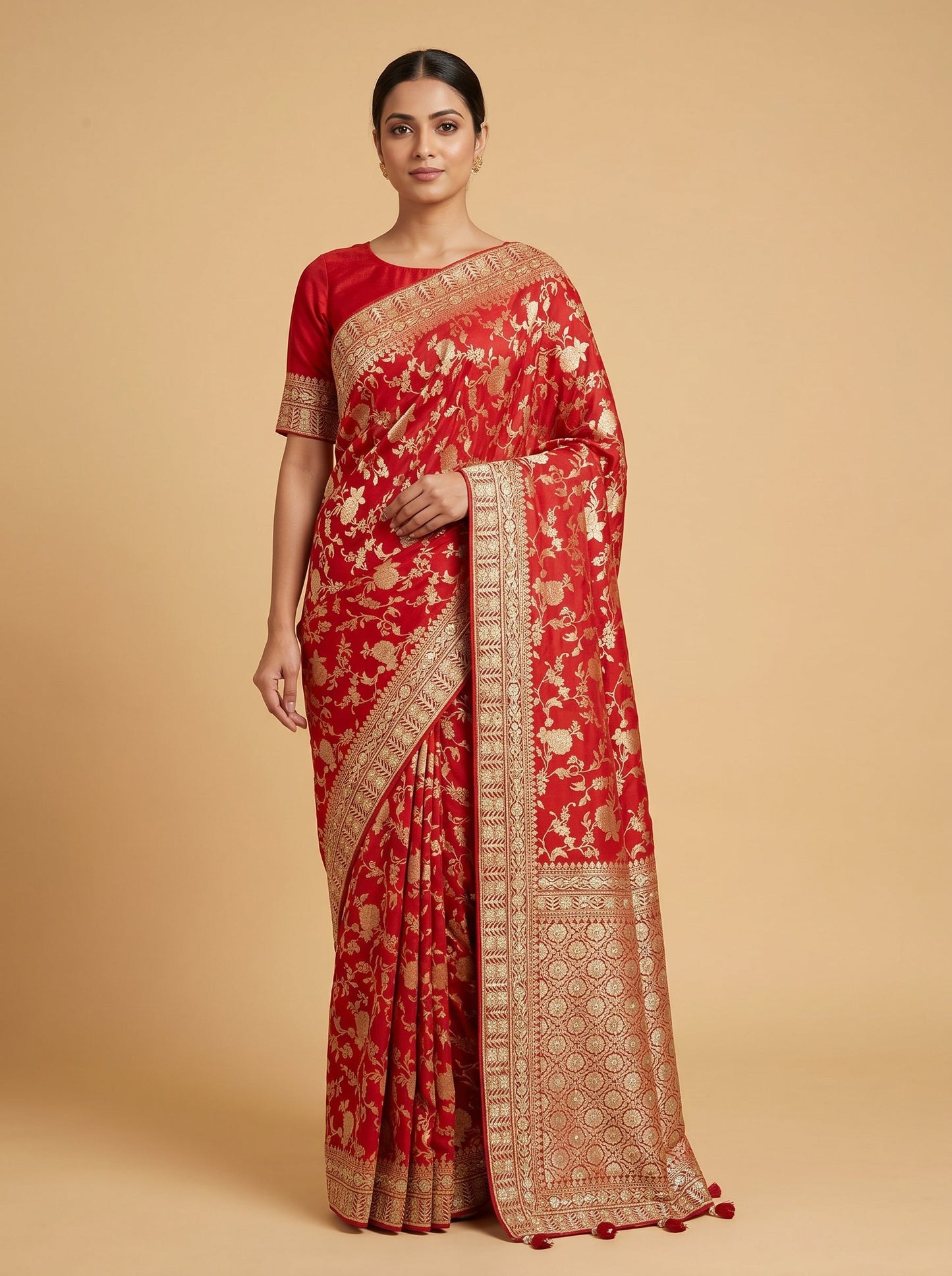 Ruby Red Brocade Embroidered Saree