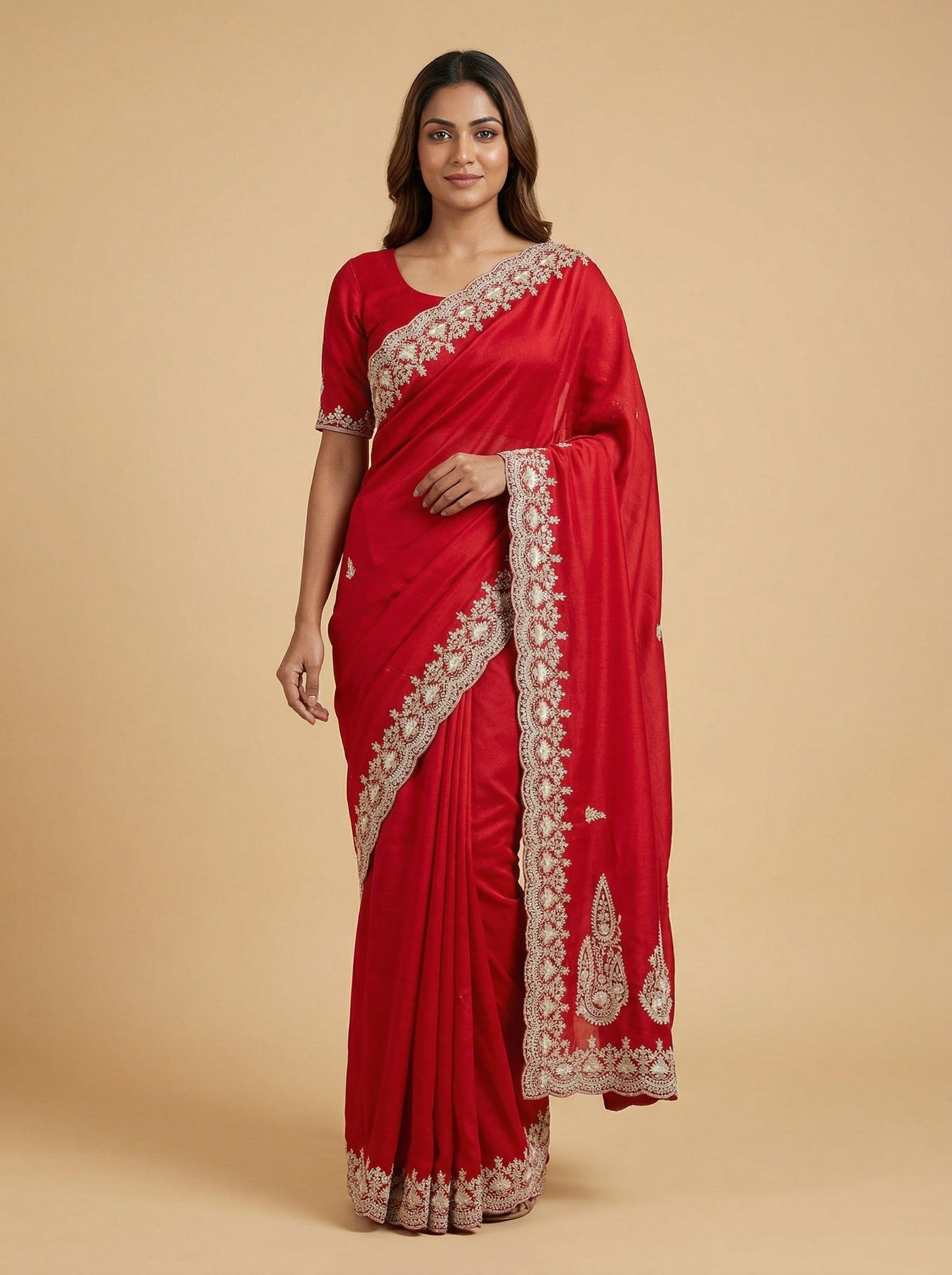 Ruby Red Embroidered Saree