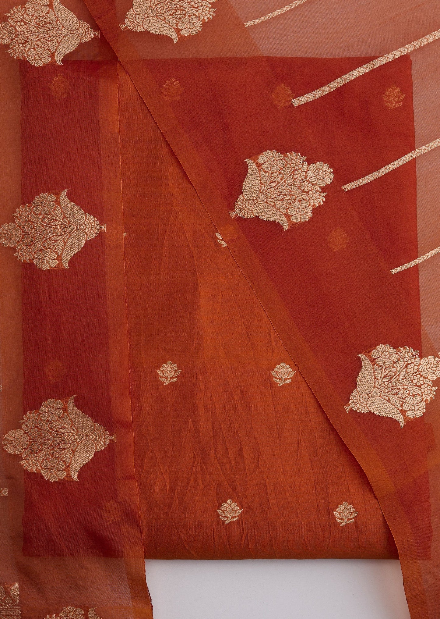 Rust Banarasi Silk Unstitched Suit And Dupatta