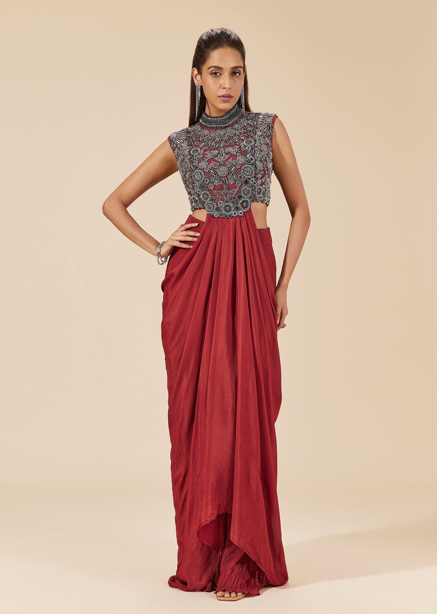 Rust Chinon Crop Top Sharara Set With Cut Dana And Bead Embroidery