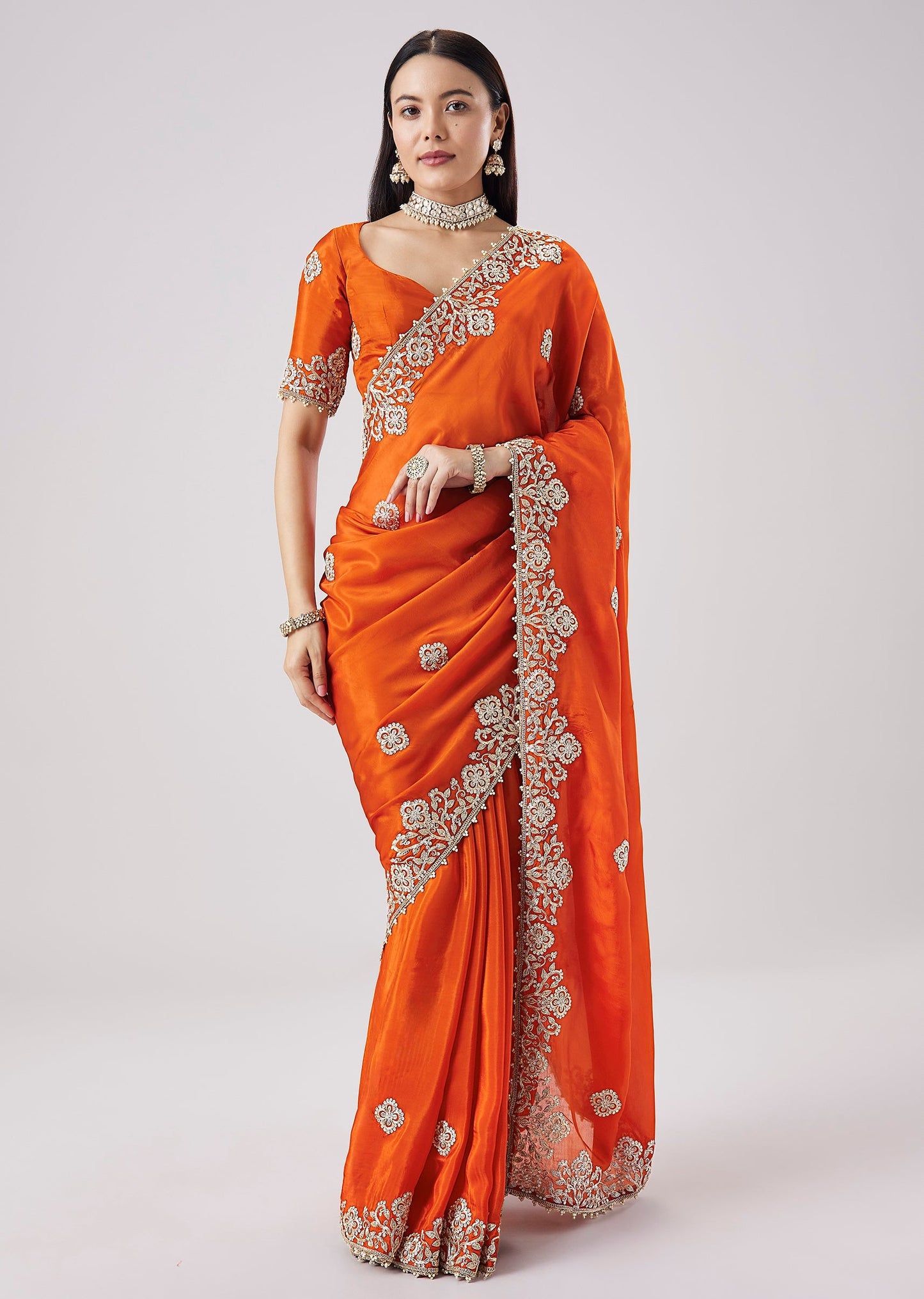 Rust Embroidered Motif Saree With Unstitched Blouse