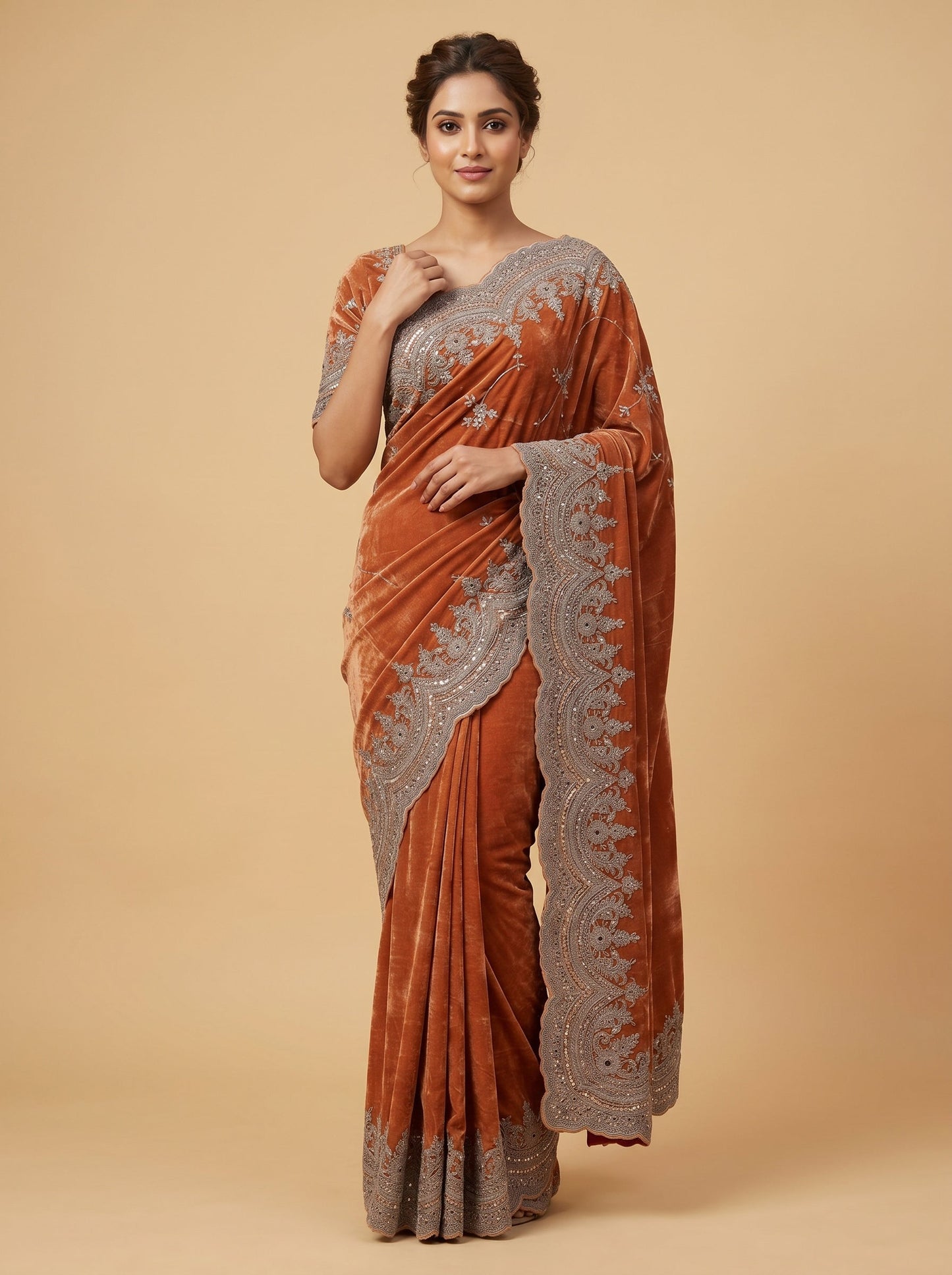 Rust Embroidered Saree with Warm Detailing