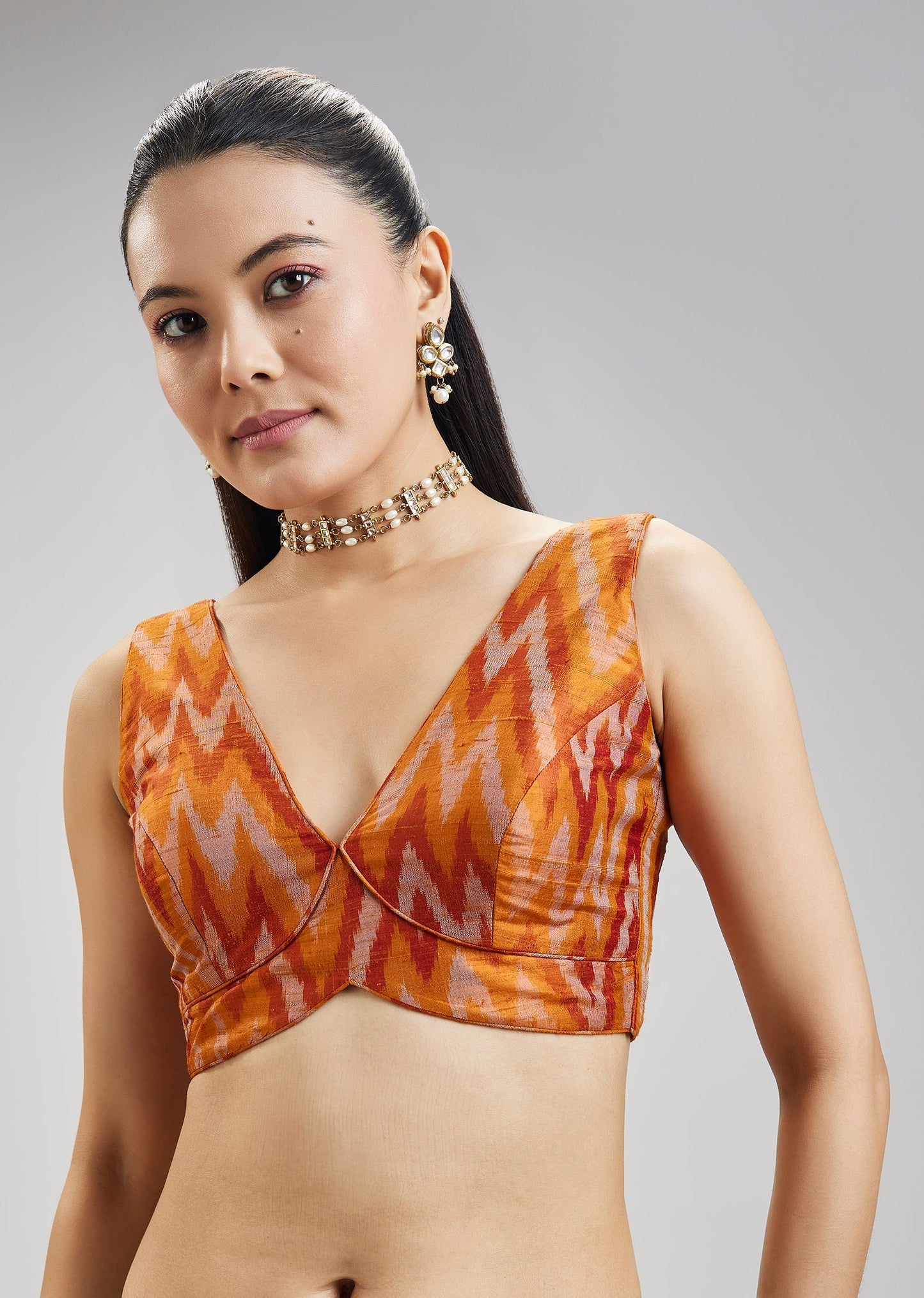 Rust Orange Pure Tussar Silk Ikat Potal Stitched Blouse