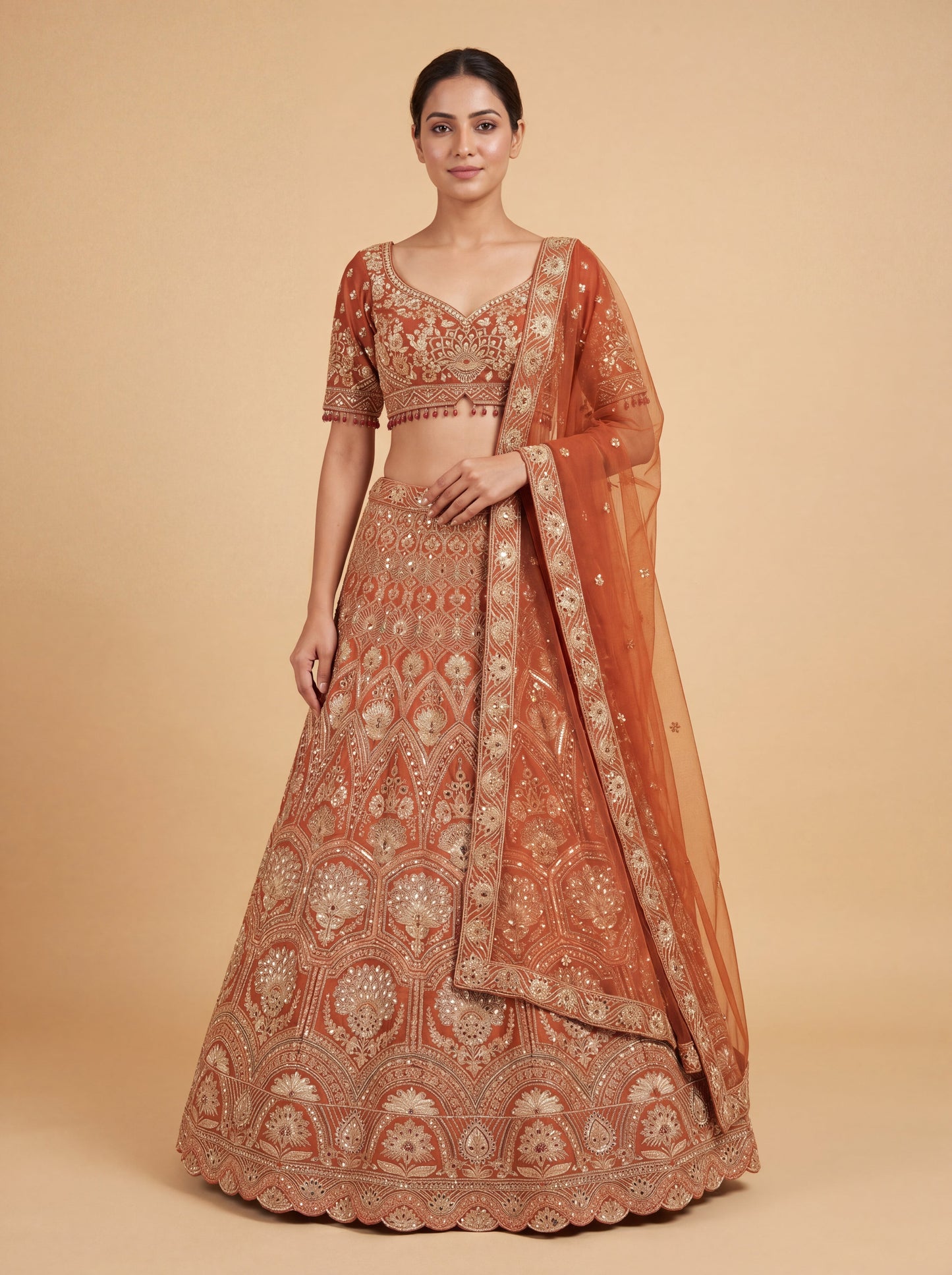 Rust Pheras Bridal Lehenga With Bold Embroidery Flared Skirt