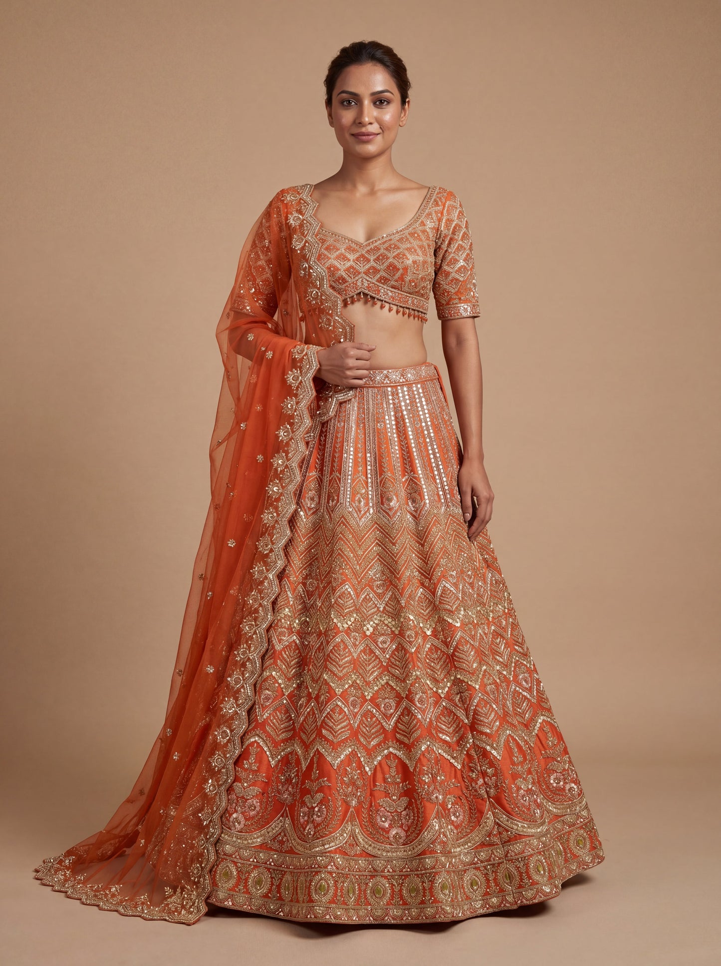 Rust Pheras Bridal Lehenga With Embroidered Voluminous Flare