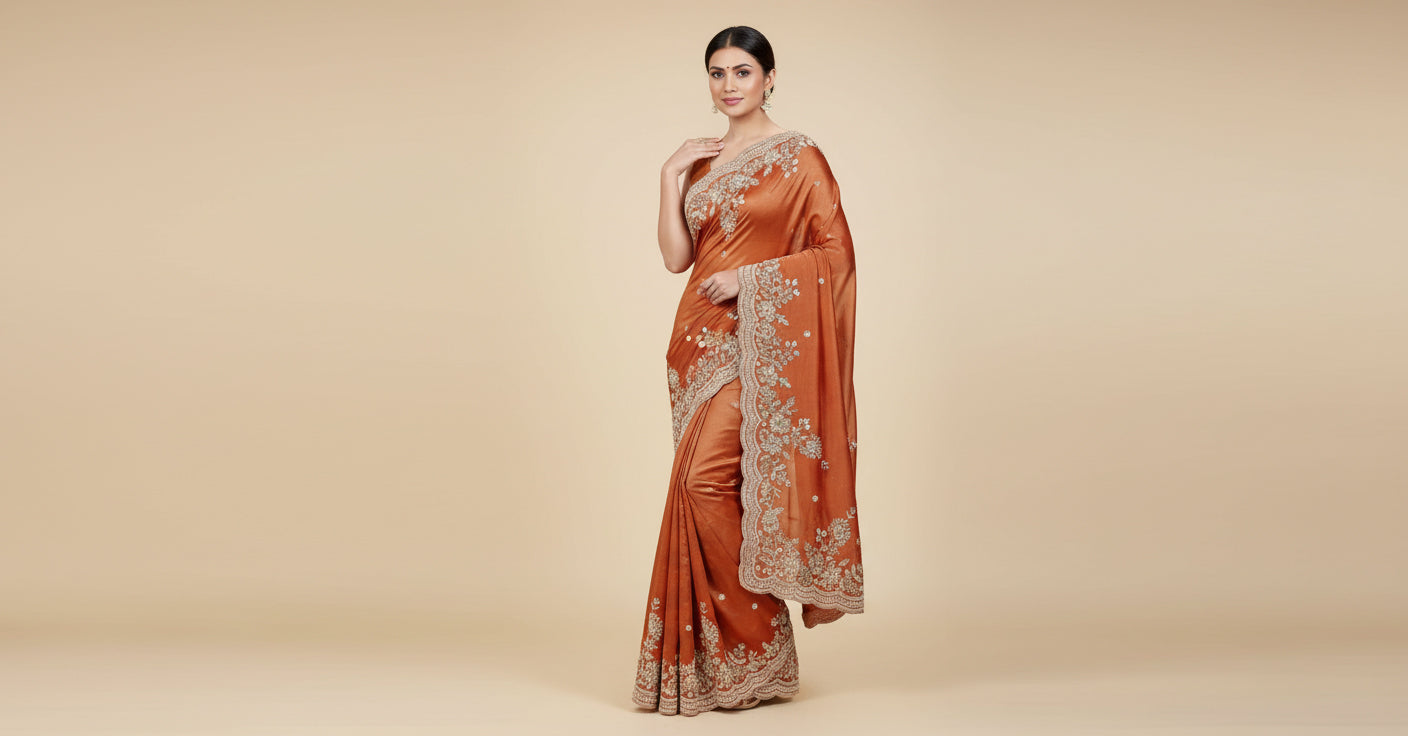 Rust Burnished Embroidered Saree