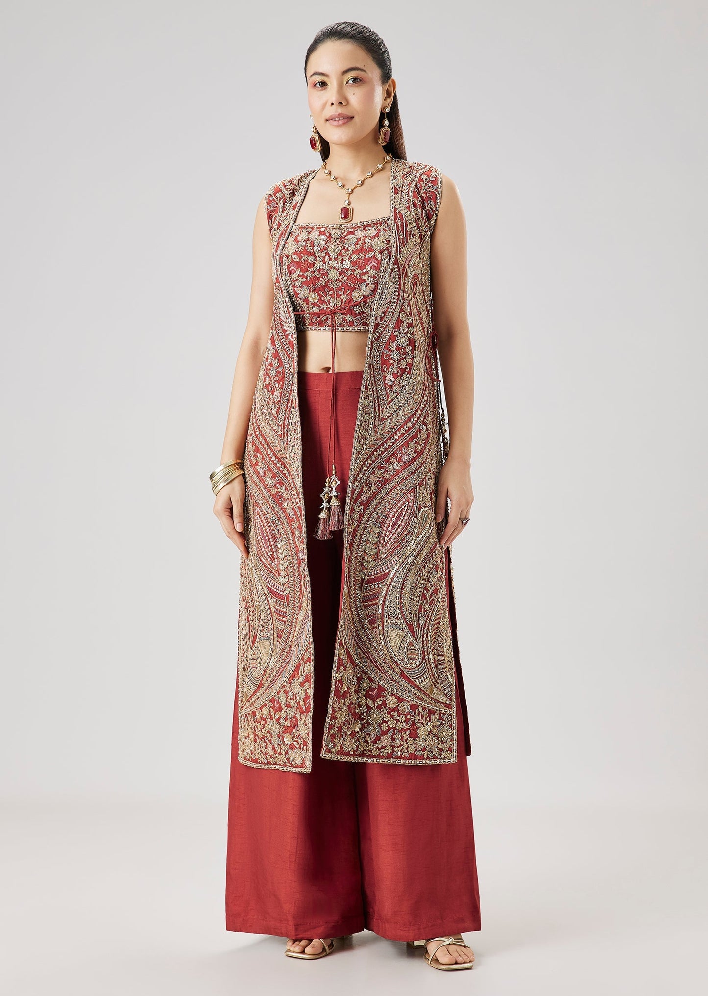 Rust Zari And Resham Embroidered Crop Top Palazzo Set With Jacket