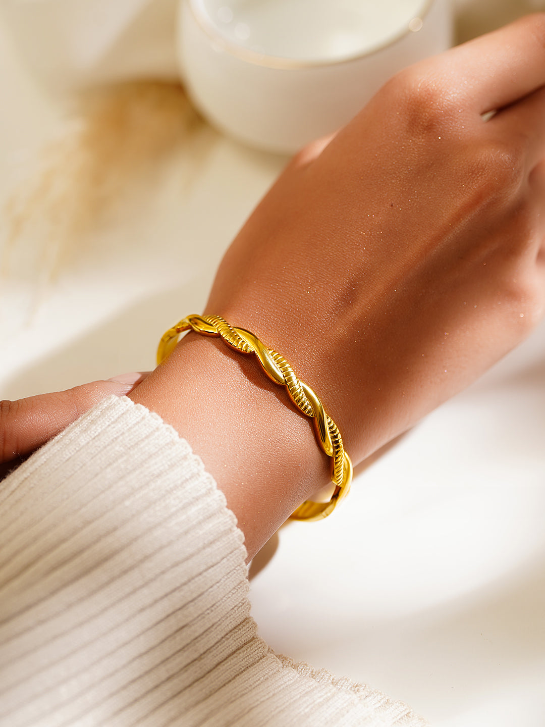 Demifine 18K Gold Plated Stainless Steel Twisted Textured Bracelet