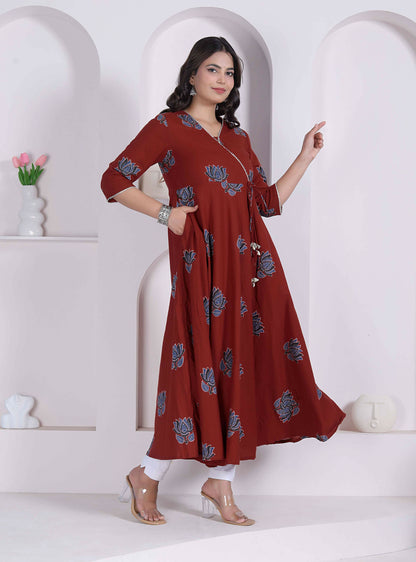 Miravan Womens Rust Floral Printed Pure Cotton Gota Patti Angrakha Kurta