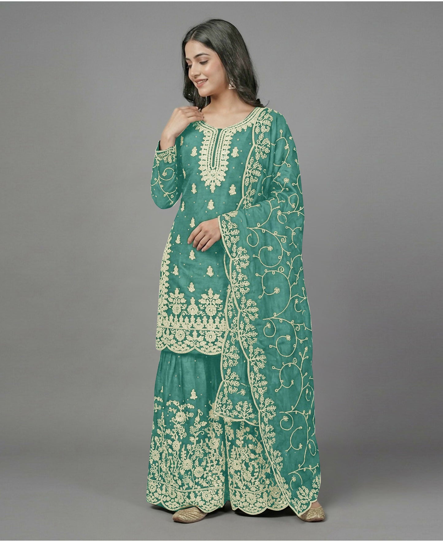 Teeya Creation Womens New Trendy Pure Gmy Silk With Heavy Embroidery Sequence Work Light-Green Kurta Set