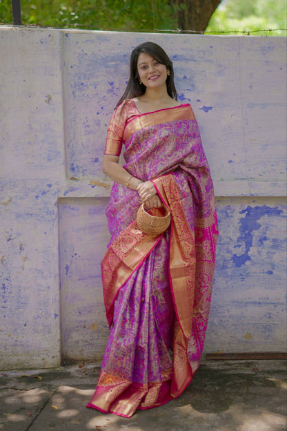 Prime Volt Royal Bridal Kanjivaram Silk Saree with Zari Weaving & Contrast Pink Pallu-Purple