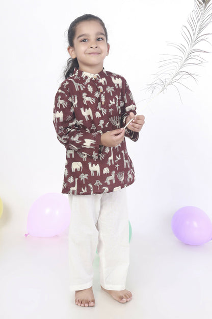 Breathables Kids Cotton Night Suit  Wine Animal Print Kurta & Pyjama Co-Ord Set For Boys & Girls