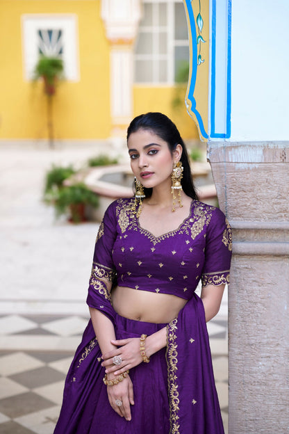 Lorenvalley Fashion Purple NC Silk Plain Lehenga Embroidery Work Choli with Dupatta
