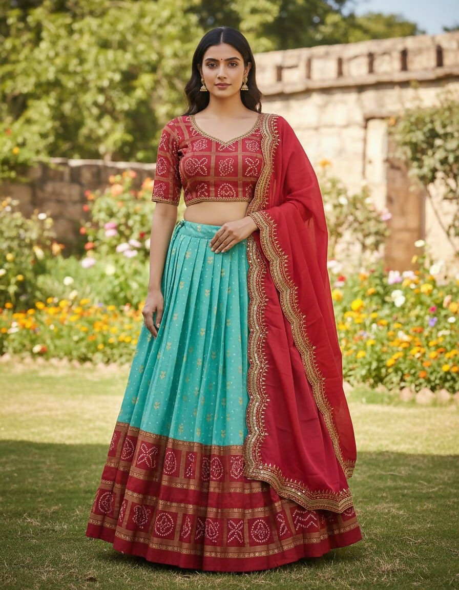 Teeya Creation New Latest Trendy Heavy Foil Print Work Lehenga Choli Set - Aqua-Blue