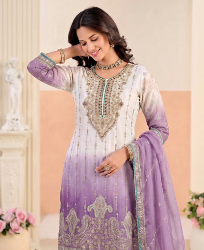 KC Designer Purple Ombre Straight Suit For Women With Hand Embroidery