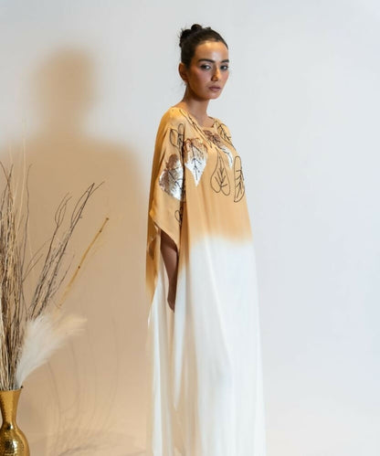 Timaraa Camel Beige To Ivory Ombre Embellished Kaftan Dress