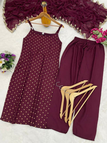 Teeya Creation Womens New Elegant Wine Embroidered Kurti with Matching Bottom Set