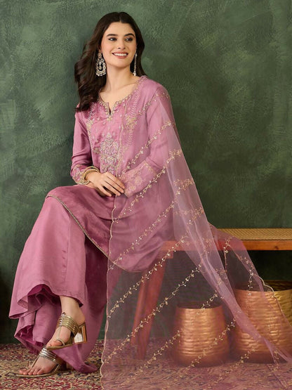 The52 Women's Gorgeous Embroidery Work Viscose Silk Fabric A-line Kurta Sharara and Dupatta Set