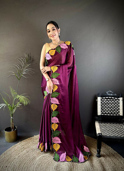Prime Volt Multicolor Leaf Embroidery Rangoli Silk Saree with Scalloped Border-Purple