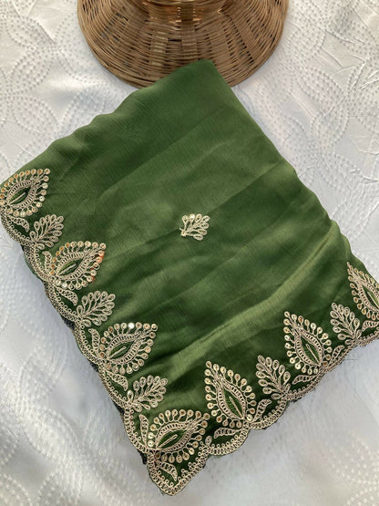 Teeya Creation New Trendy Party Wear Soft Satin Chiffon Saree-Green