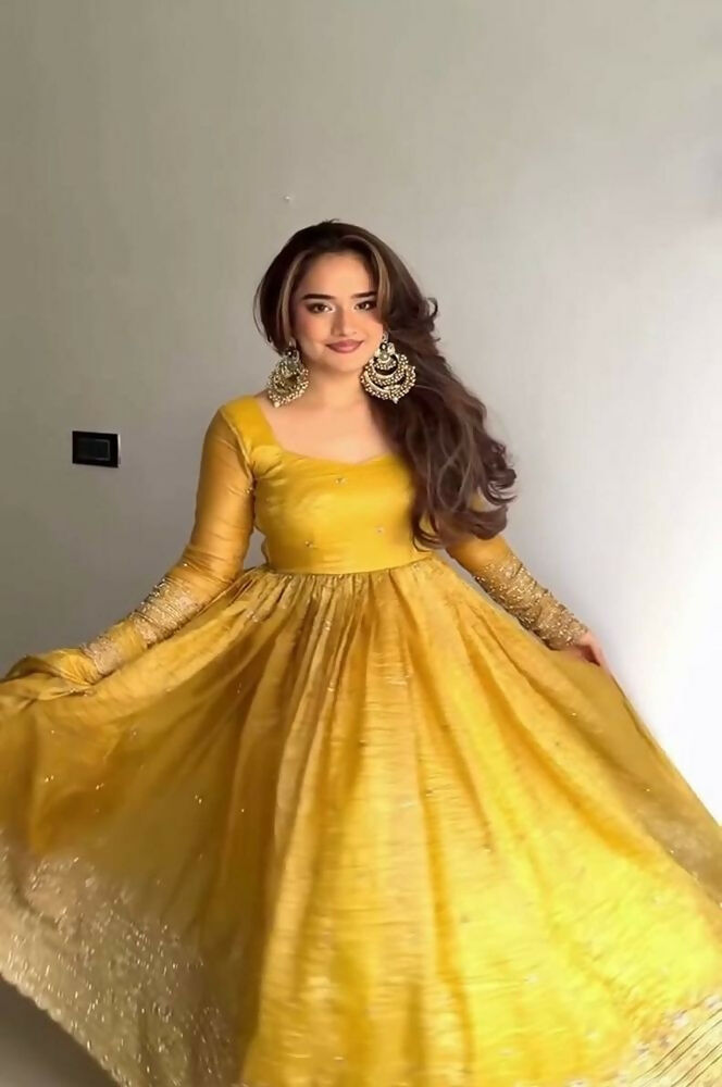 Teeya Creation Elegant Mustard Yellow Solid Silk Anarkali Suit with Dupatta