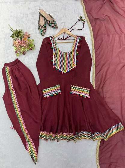 Teeya Creation New Women's Maroon Designer Peplum Kurti with Dhoti Salwar and Multicolor Embroidered Border