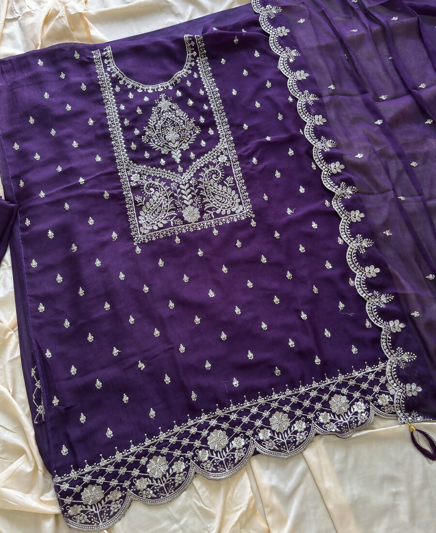 KC Purple Wedding Wear Embroidered Crush Silk Salwar Suit