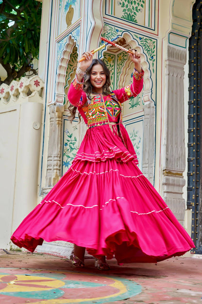 Teeya Creation Womens New Stylish Heavy Gamthi Work With Mirror Lace Work Pink Gown Set