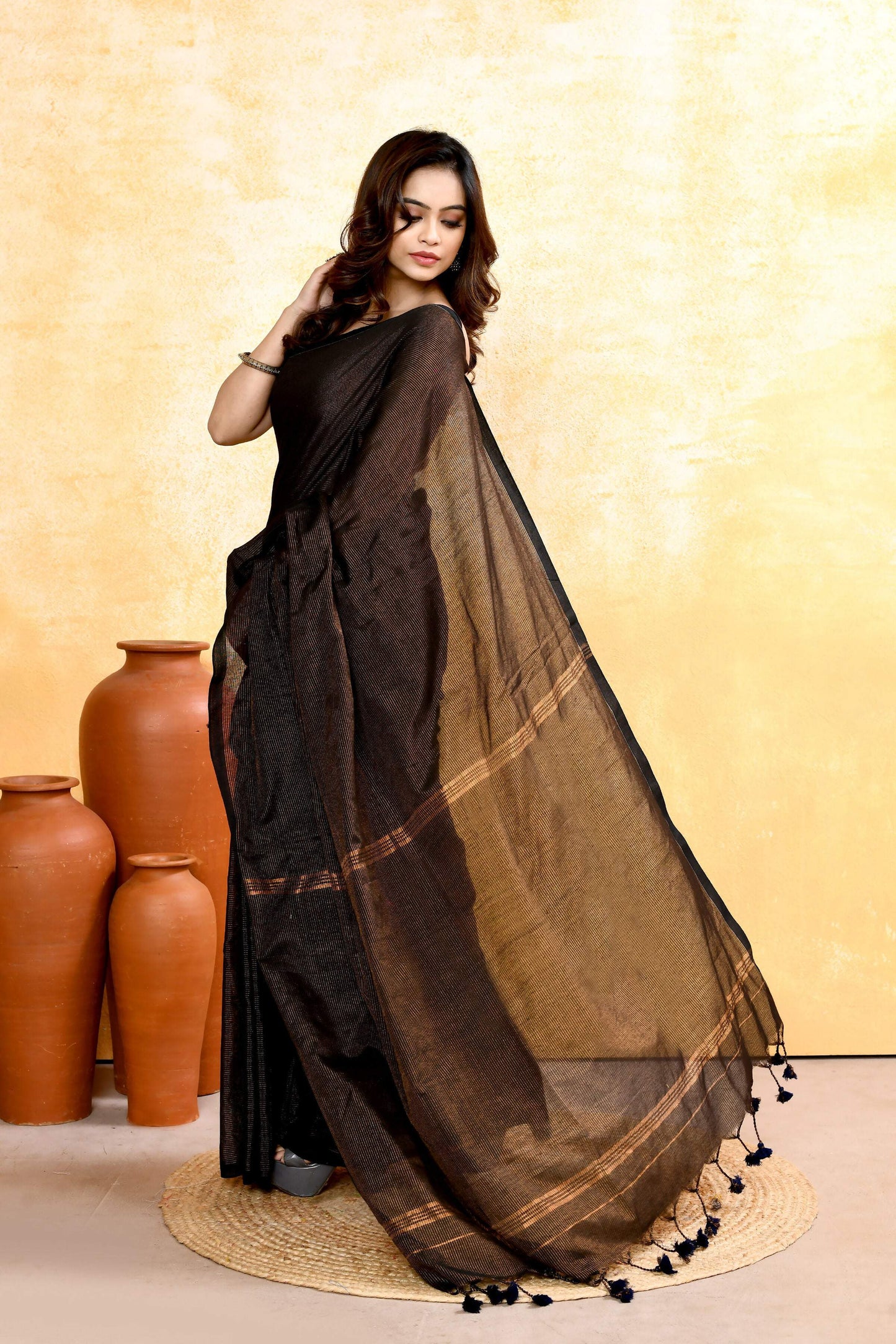 Piyari Fashion Women's Black Embellished Cotton Blend Zari Check Handloom Saree