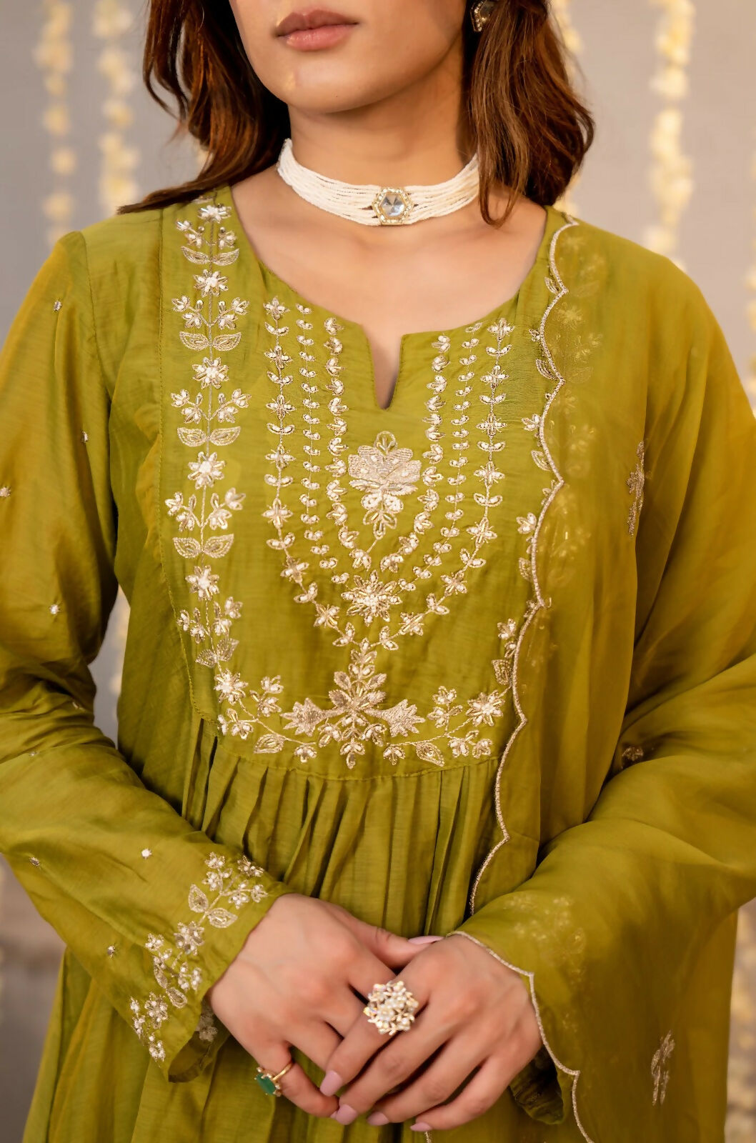 The52 Women's Beautiful Embroidery Work Chanderi Silk Fabric Flared Kurta Pant and Dupatta Set-Light Green