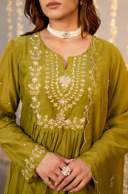 The52 Women's Beautiful Embroidery Work Chanderi Silk Fabric Flared Kurta Pant and Dupatta Set-Light Green