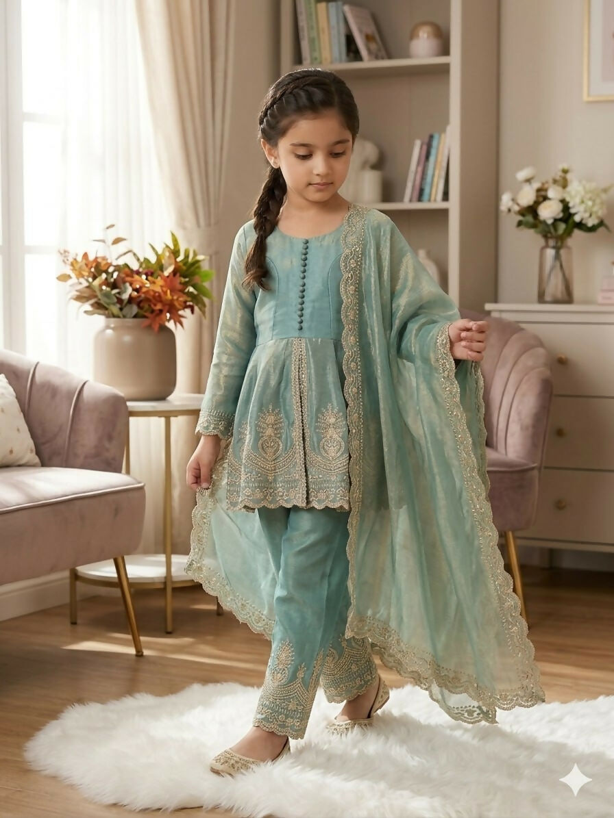 Teeya Creation New Kids Trendy Stylish Fully Stitched Ready To Wear Kurta Set -Turquoise