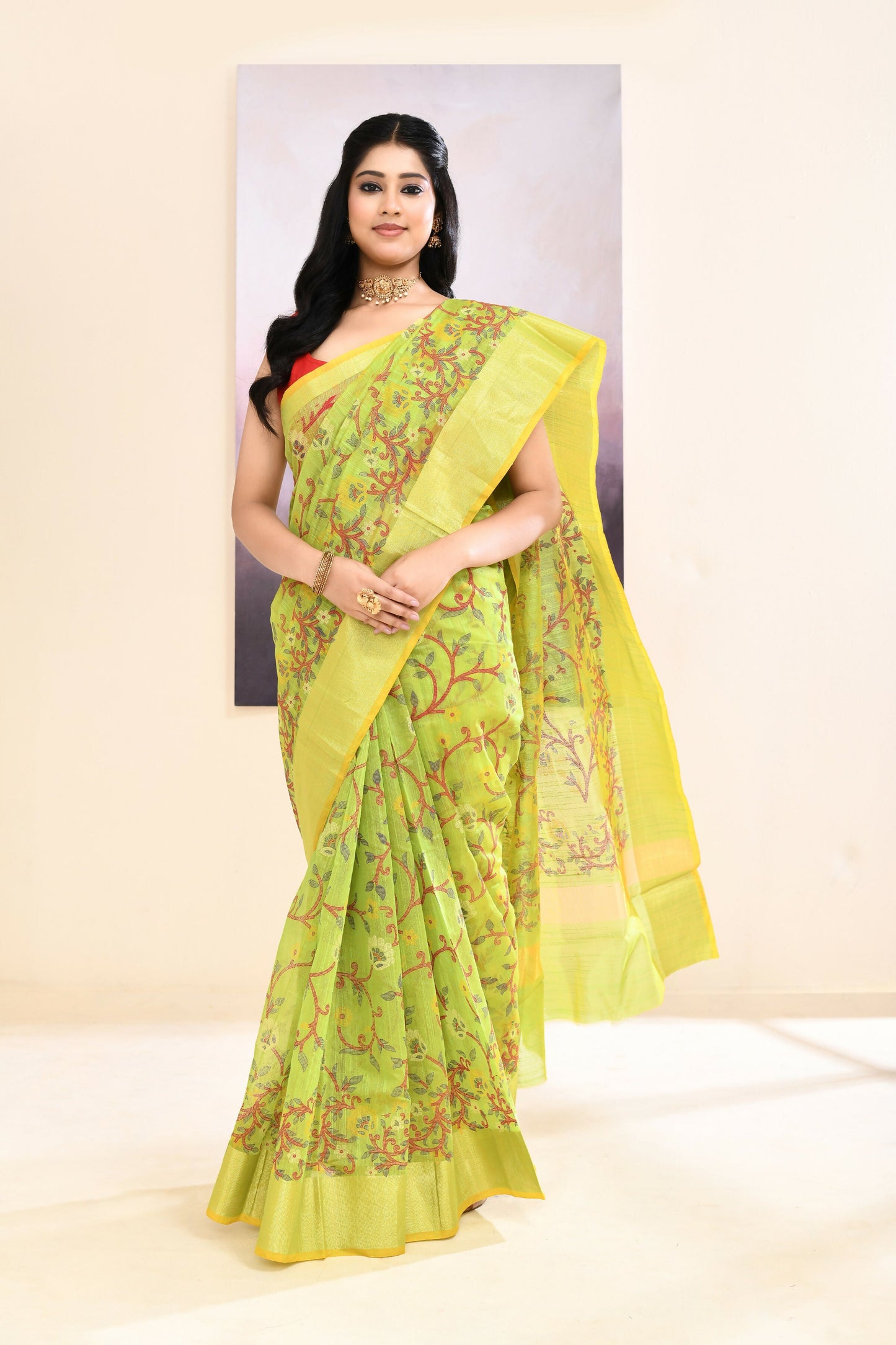 Piyari Fashion Women's Olive Embellished Cotton Blend Printed Saree
