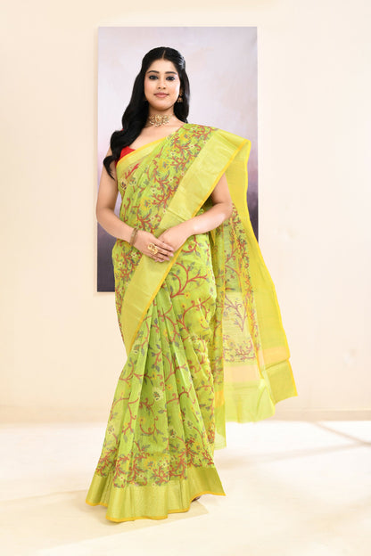 Piyari Fashion Women's Olive Embellished Cotton Blend Printed Saree