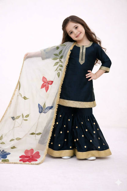 Teeya Creation New Kids Trendy Heavy Embroidery Sequence Work Kurta Sharara Set-Black