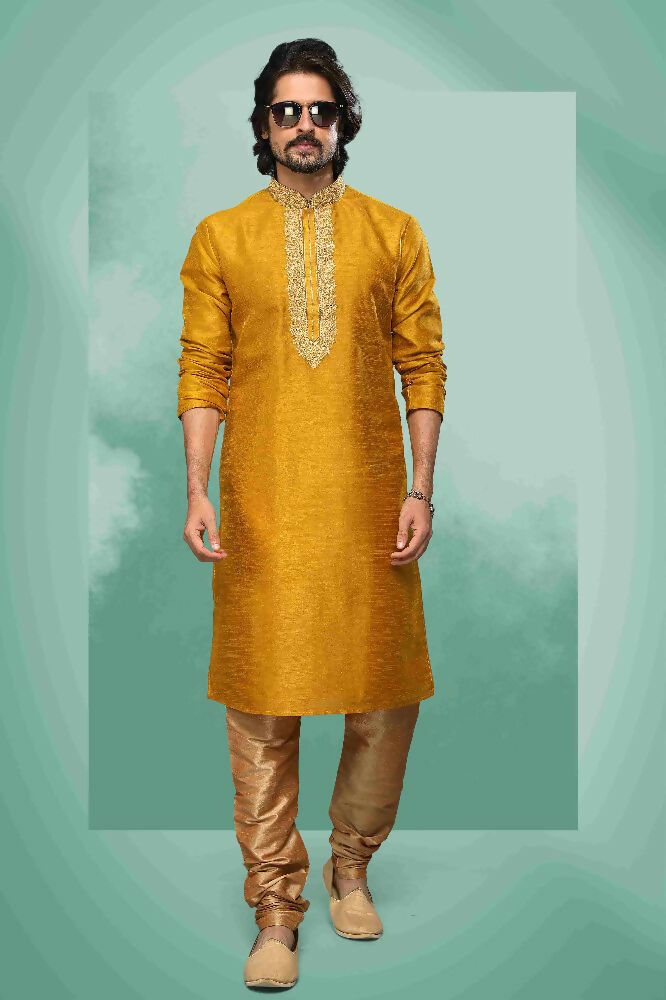 Raivat Ethnic Art Silk Mirror Embroidery Work Kurta Pajama In Mustard Colour