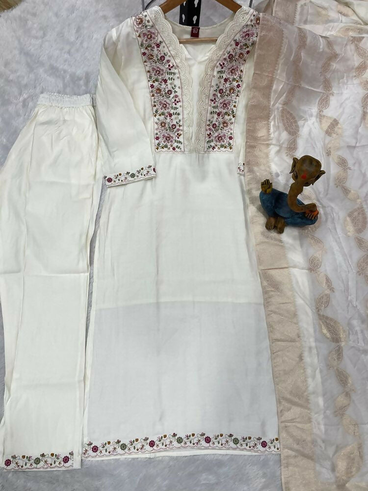 Teeya Creation Women's Elegant White Embroidered Kurta with Pant and Dupatta Set