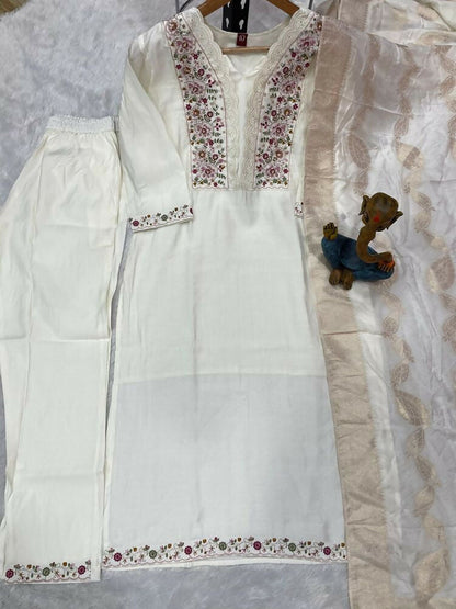 Teeya Creation Women's Elegant White Embroidered Kurta with Pant and Dupatta Set