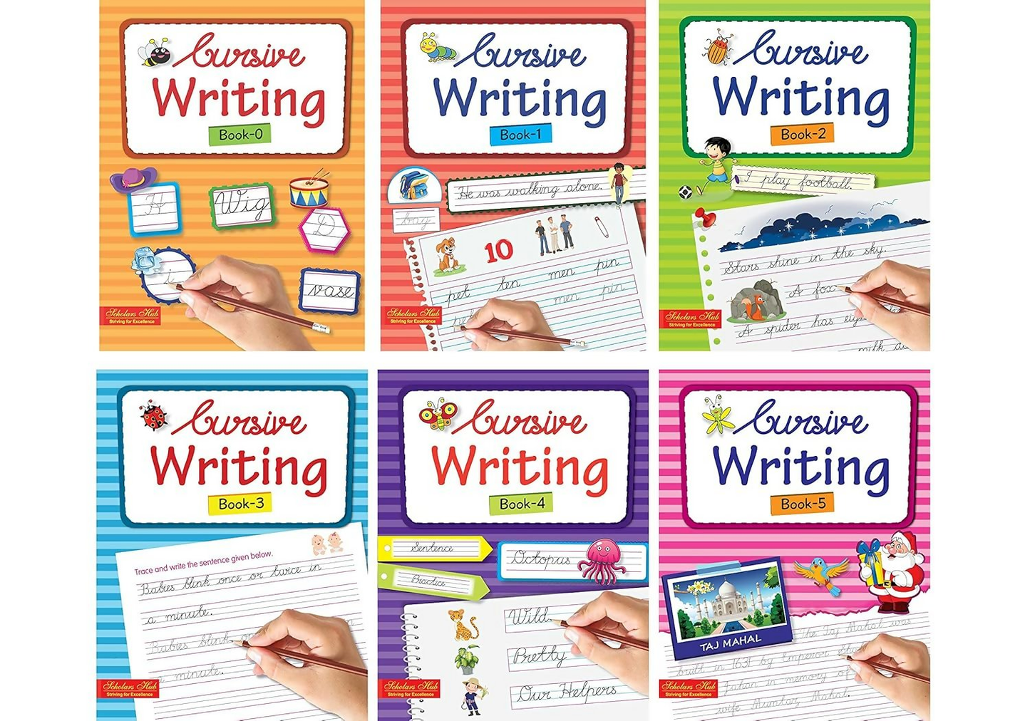 Scholars Hub Cursive Writing Books Combo (Vol. 0-5) (Capital Letters, Small Letters, Word Family & Sentences ) | Set Of 6 Books | 260 Pages