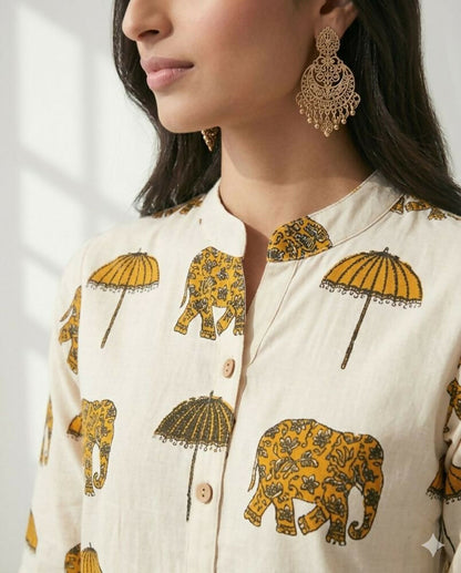 Teeya Creation Women New Trendy Off-White & Mustard Yellow Elephant Print Cotton Kurta with Palazzos