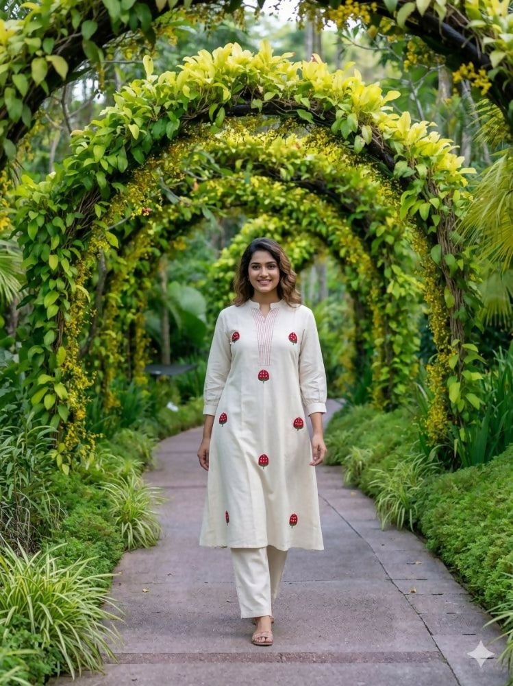 Teeya Creation New Latest Women Off-White & Red Embroidered Cotton A-Line Kurta with Trousers