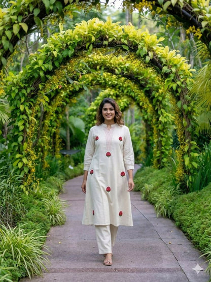 Teeya Creation New Latest Women Off-White & Red Embroidered Cotton A-Line Kurta with Trousers
